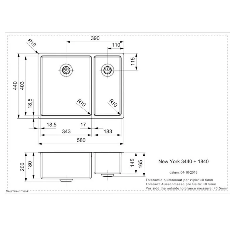 Reginox New York 34x40 + 18x40 Comfort Integrated Stainless Steel Sink
