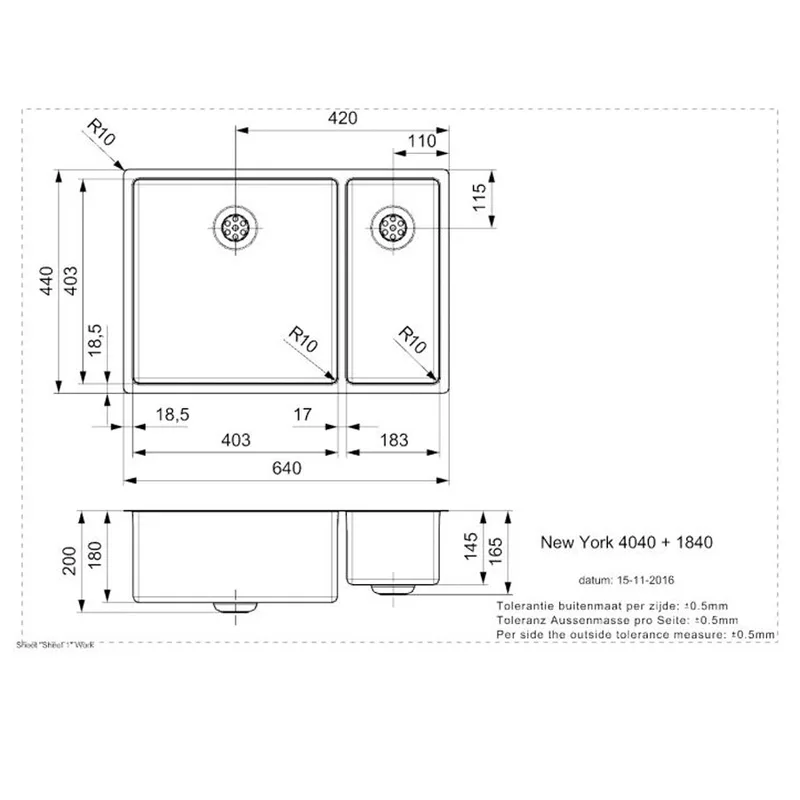 Reginox New York 40x40 + 18x40 Comfort Integrated Stainless Steel Sink