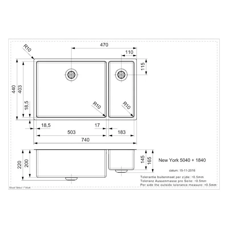 Reginox New York 50x40 + 18x40 Comfort Integrated Stainless Steel Sink
