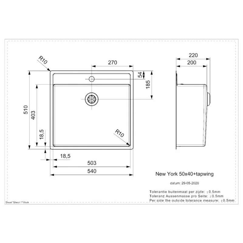 Reginox New York 50x40 Tapwing Comfort Integrated Stainless Steel Sink
