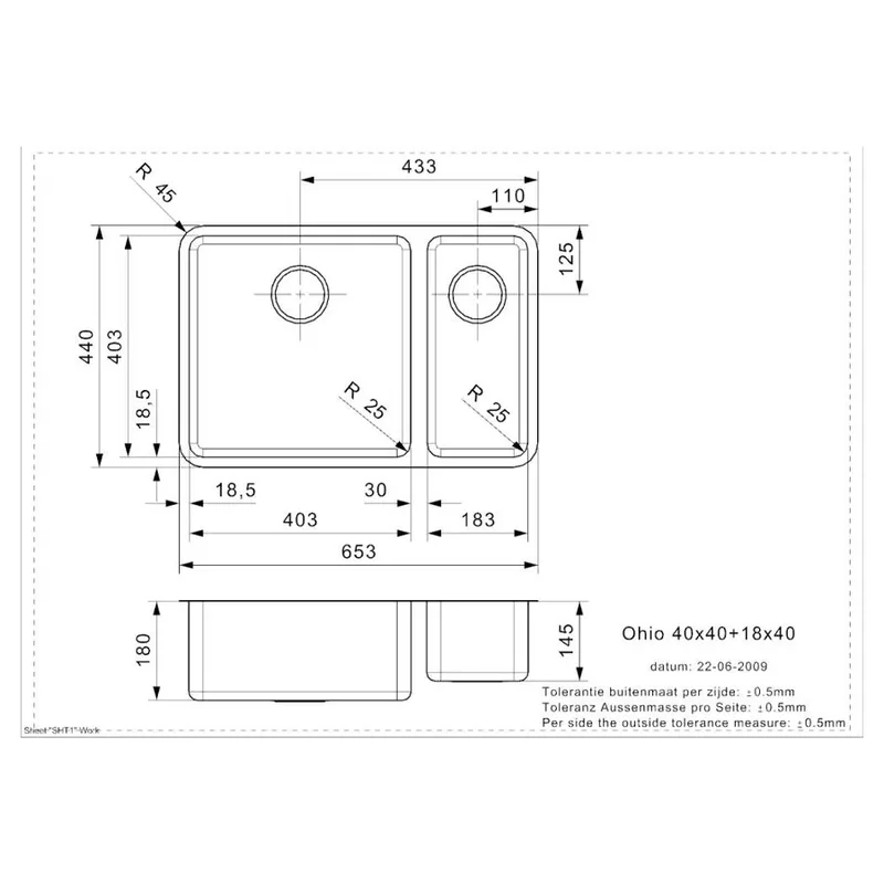 Reginox Ohio 40x40 + 18x40 OKG Integrated Stainless Steel Sink