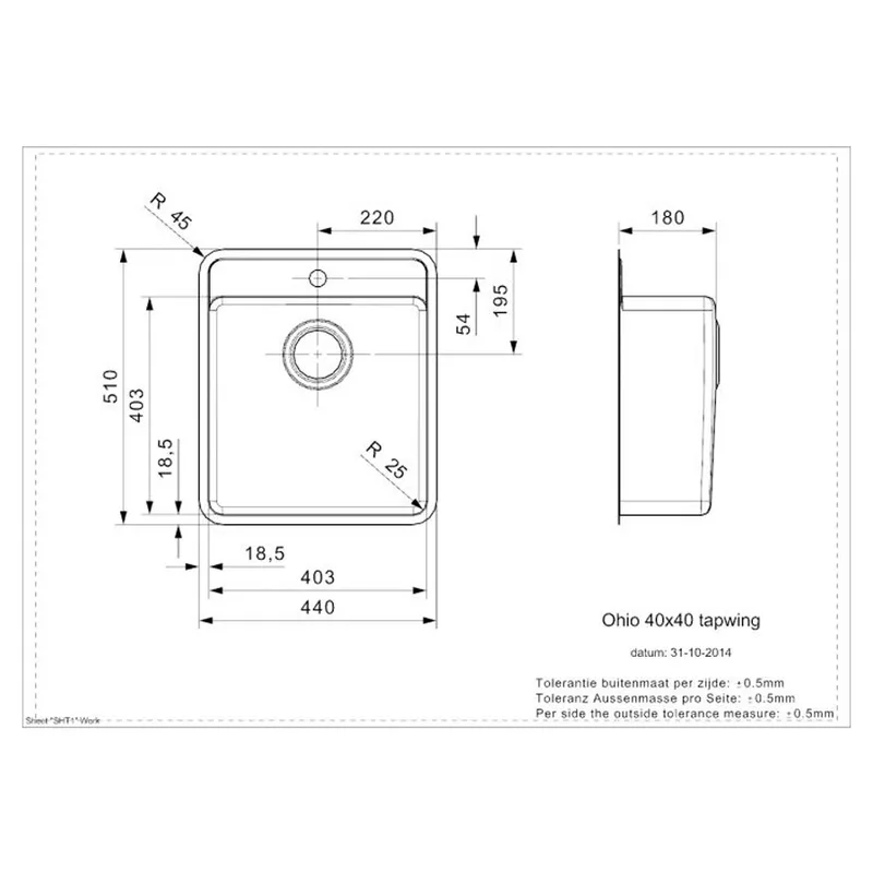 Reginox Ohio 40x40 OKG Tapwing Integrated Stainless Steel Sink