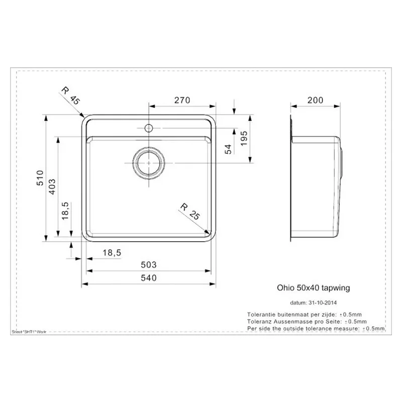 Reginox Ohio 50x40 OKG Tapwing Integrated Stainless Steel Sink