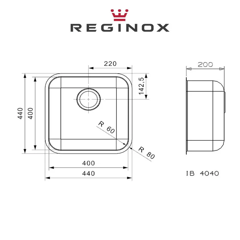Reginox R24232 IB U 40x40x20 Undermount (316) Sink