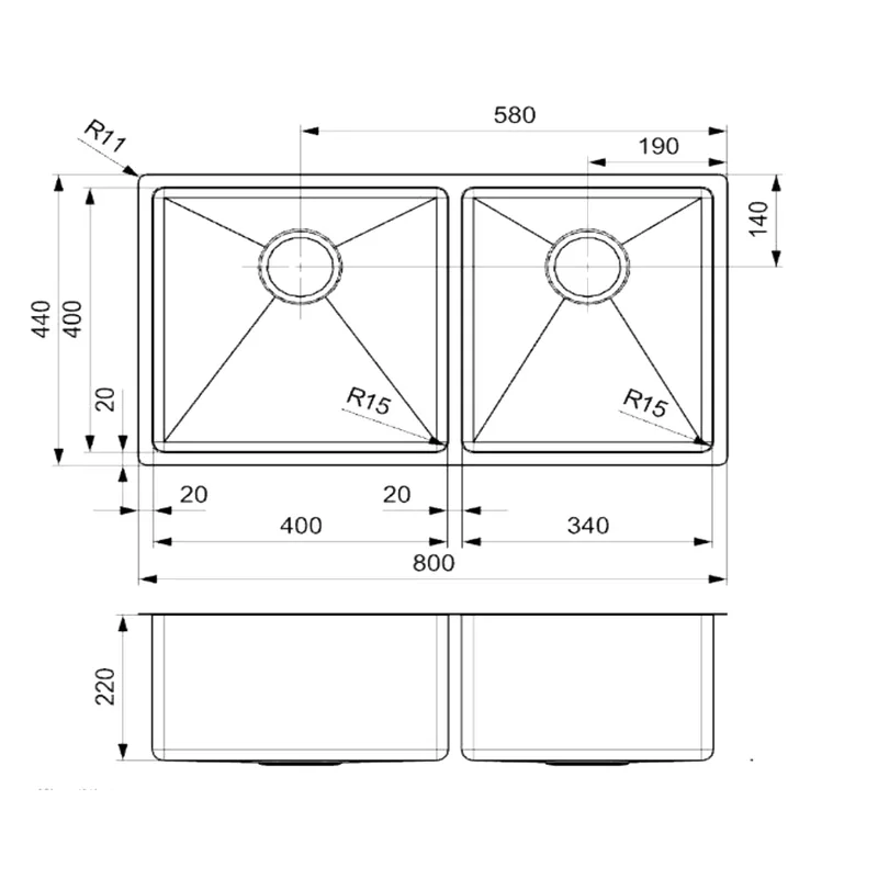 Reginox Tulip U 40x40 + 34x40 Stainless Steel Kitchen Sink
