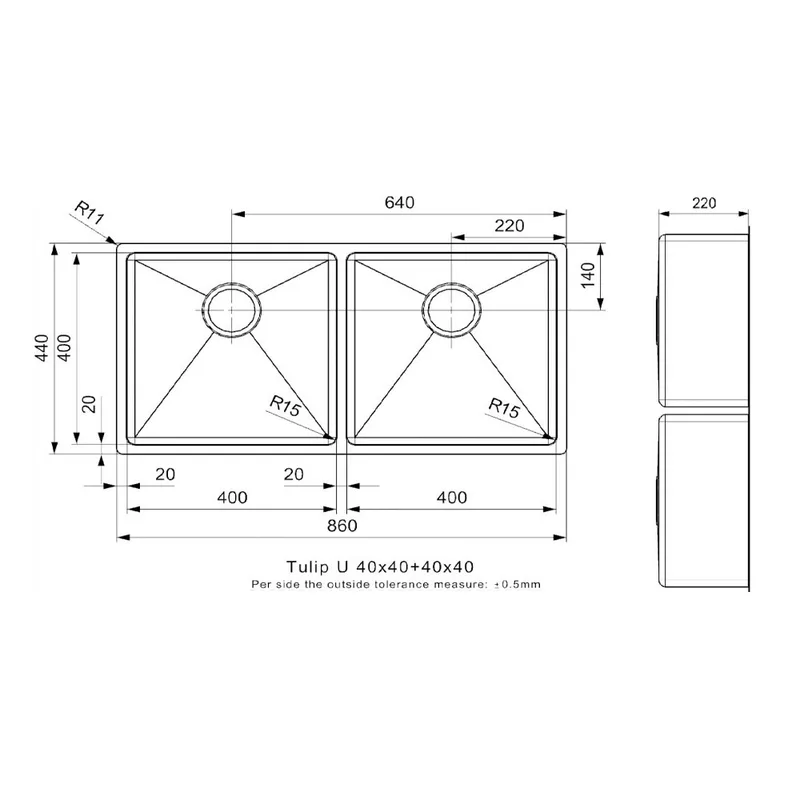 Reginox Tulip U 40x40 + 40x40 Stainless Steel Kitchen Sink