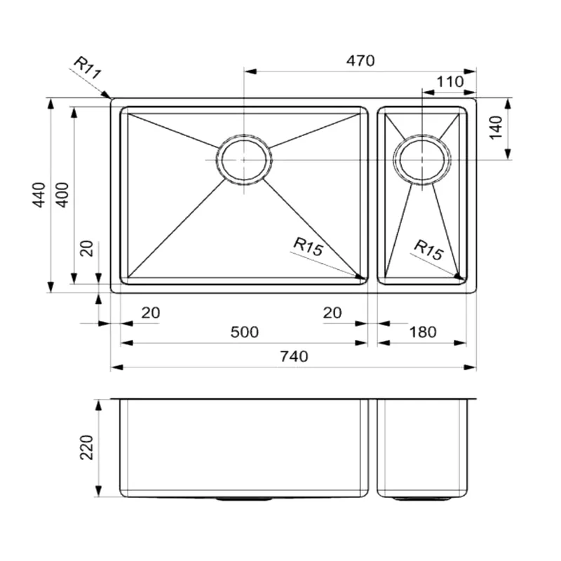 Reginox Tulip U 50x40 + 18x40 Stainless Steel Kitchen Sink