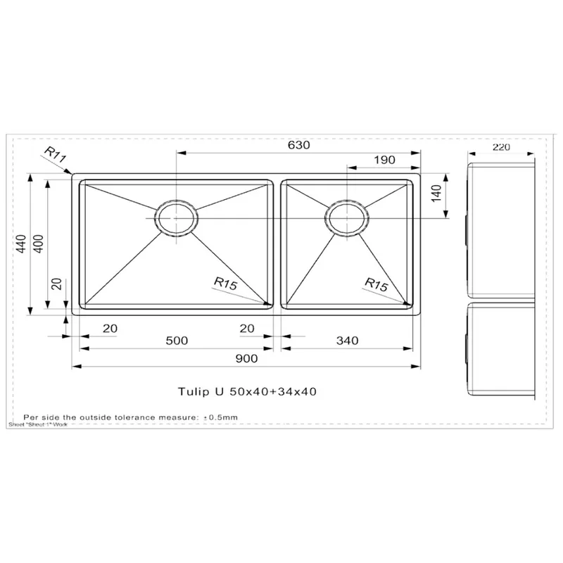Reginox Tulip U 50x40 + 34x40 Stainless Steel Kitchen Sink