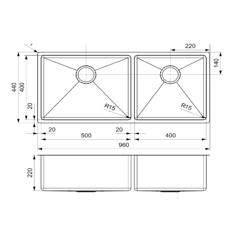 Reginox Tulip U 50x40 + 40x40 Stainless Steel Kitchen Sink