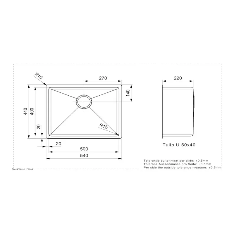 Reginox Tulip X U 50x40 Stainless Steel Kitchen Sink