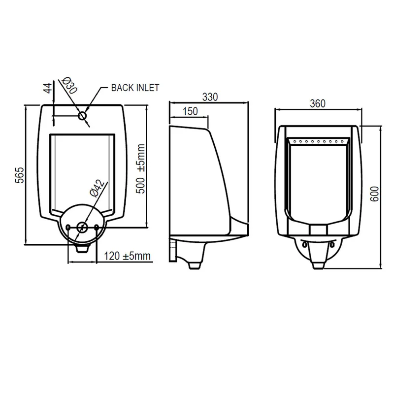 Arino UR-504-WT Back-Inlet Wall Hung Urinal Bowl