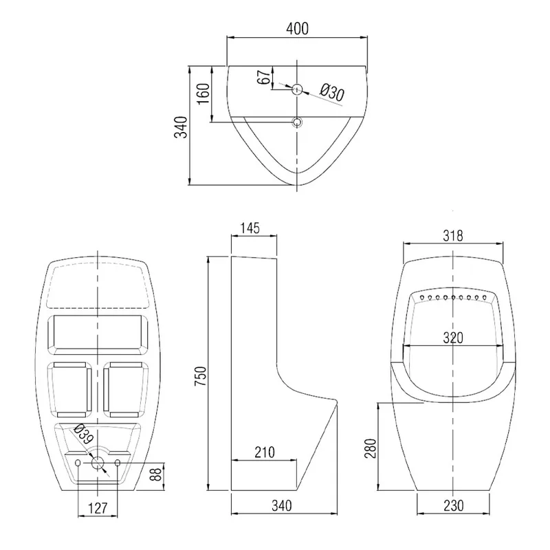 Arino UR-508-WT-TOP Wall Hung Urinal Bowl