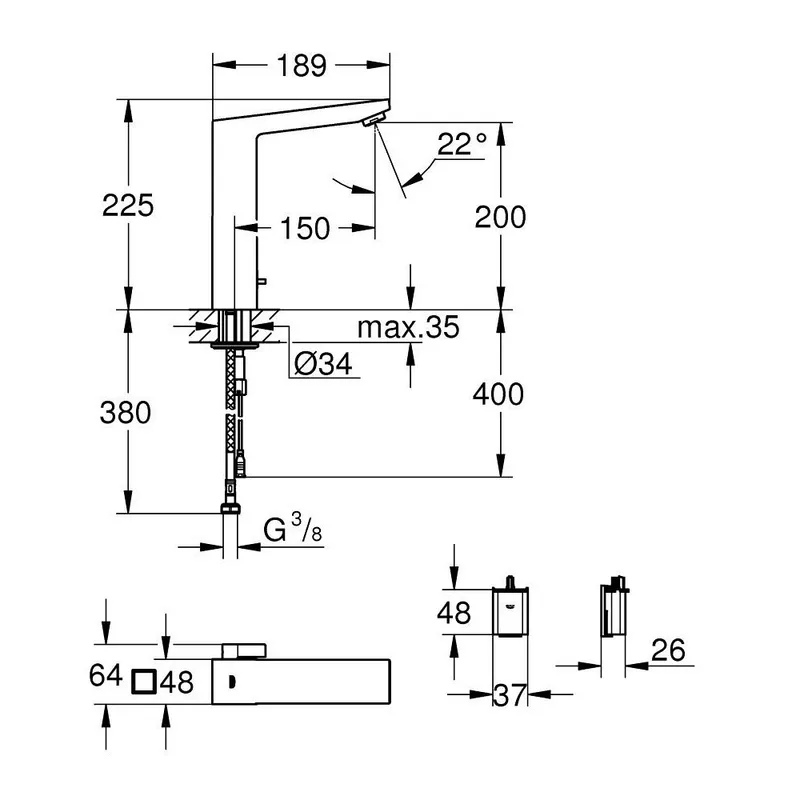 Grohe Eurocube-E 36441000 Sensor Tall Basin Tap With Adjustable Temperature Limiter