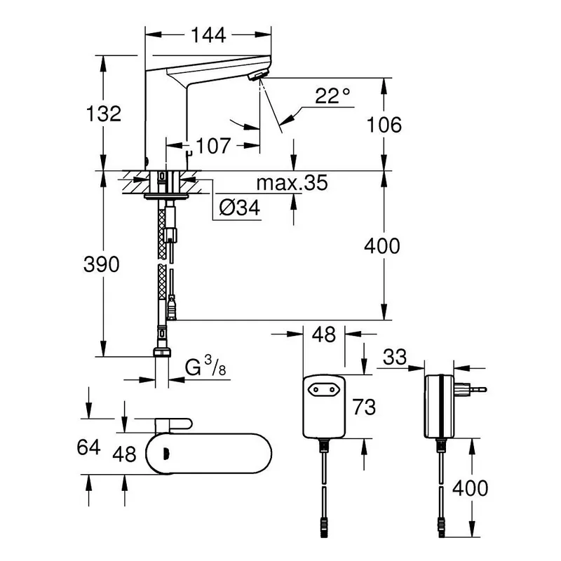 Grohe Eurosmart Cosmopolitan-E 36325001 Sensor Basin Tap with Adjustable Temperature Limiter