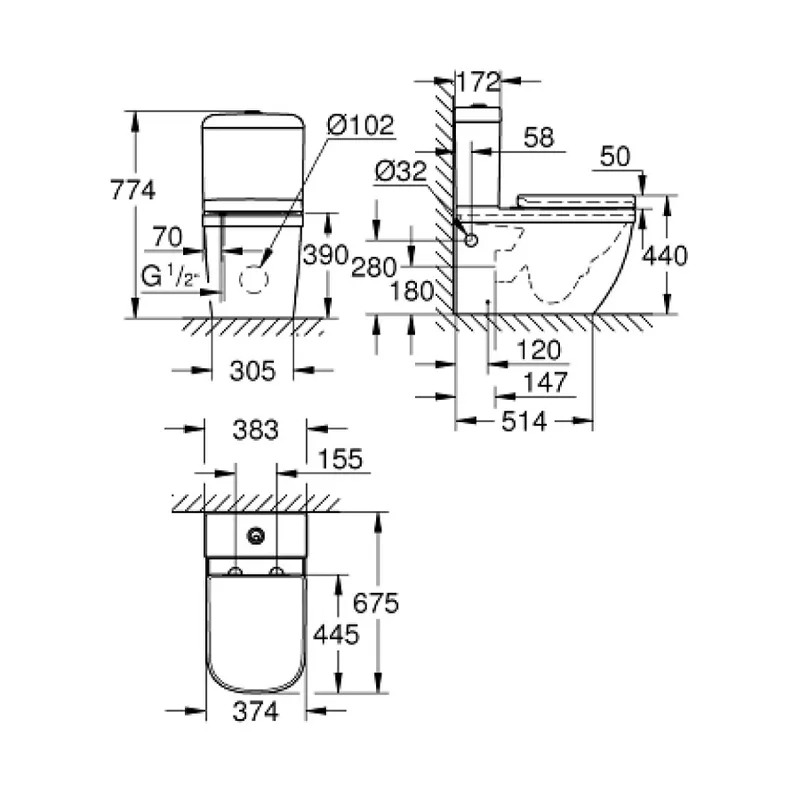 Grohe 3946200H Euro Ceramic Close-Coupled Toilet