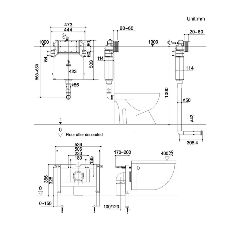 R&T G3004D Front-Operated Half-Frame Concealed Cistern