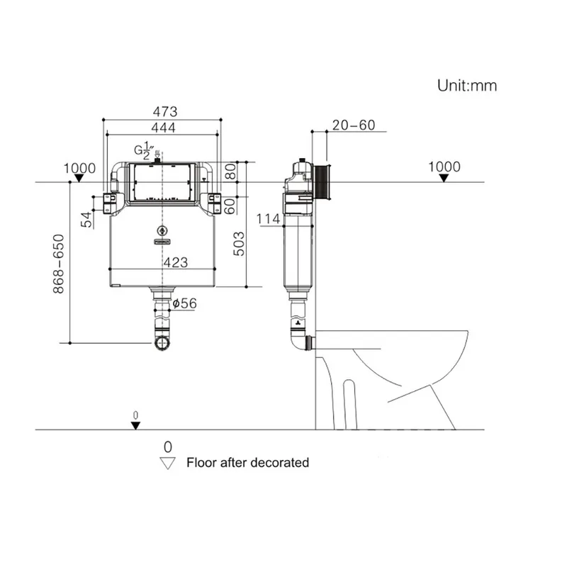 R&T G3004DC Front-Operated Frameless Concealed Cistern