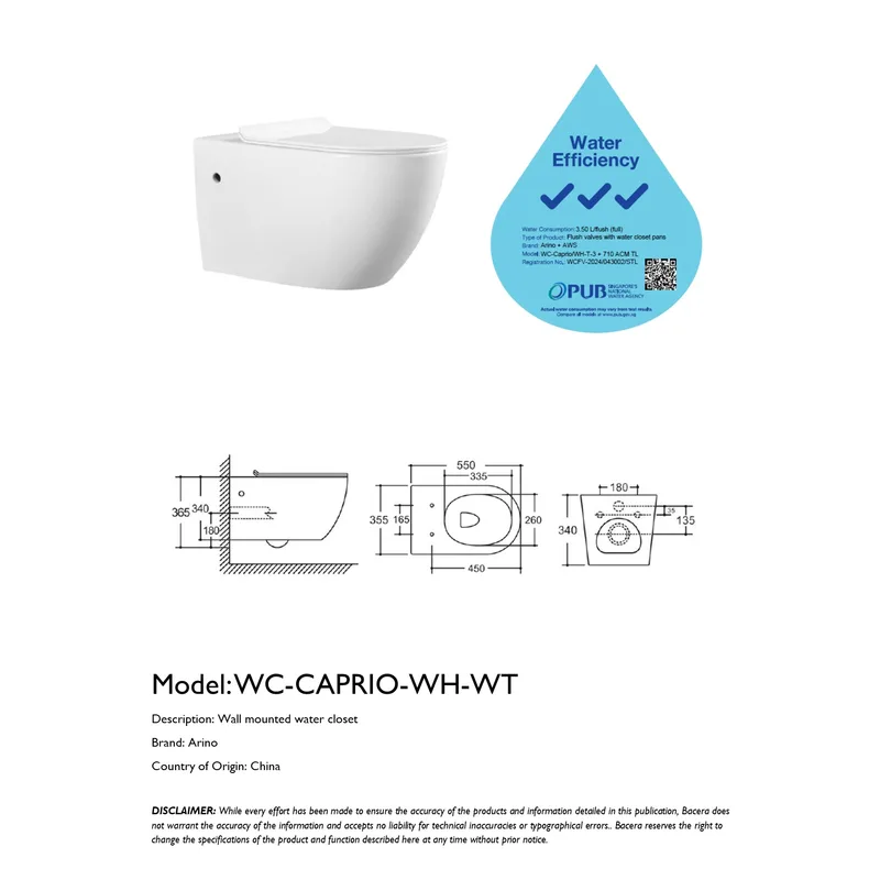 WC-CAPRIO-WH Wall Hung Water Closet