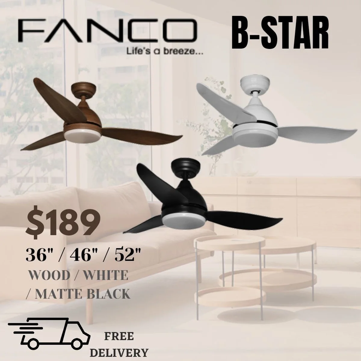 Fanco B-Star Ceiling Fan with 3-Tone LED