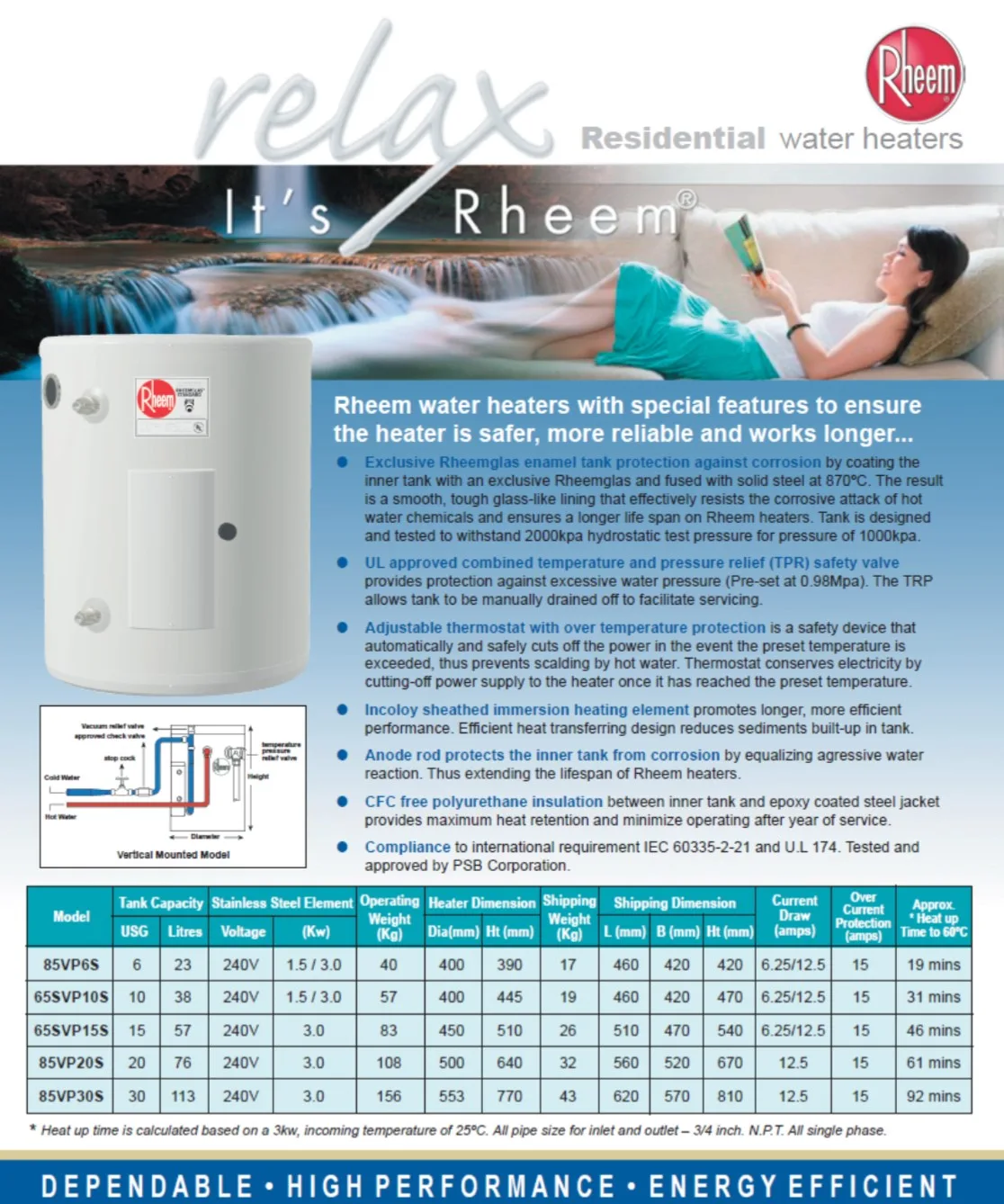 Rheem 85VP / 65SVP Vertical Storage Water Heater