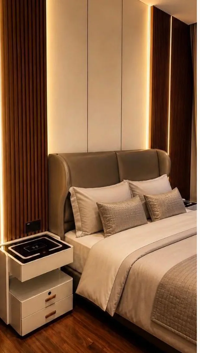 Bedroom suite with a full-height upholstered headboard, custom joinery and layered warm lighting