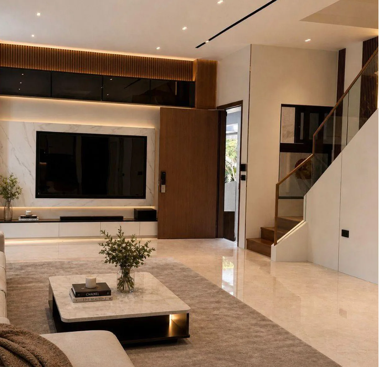Warm contemporary living room with a framed television wall, concealed storage and timber accents