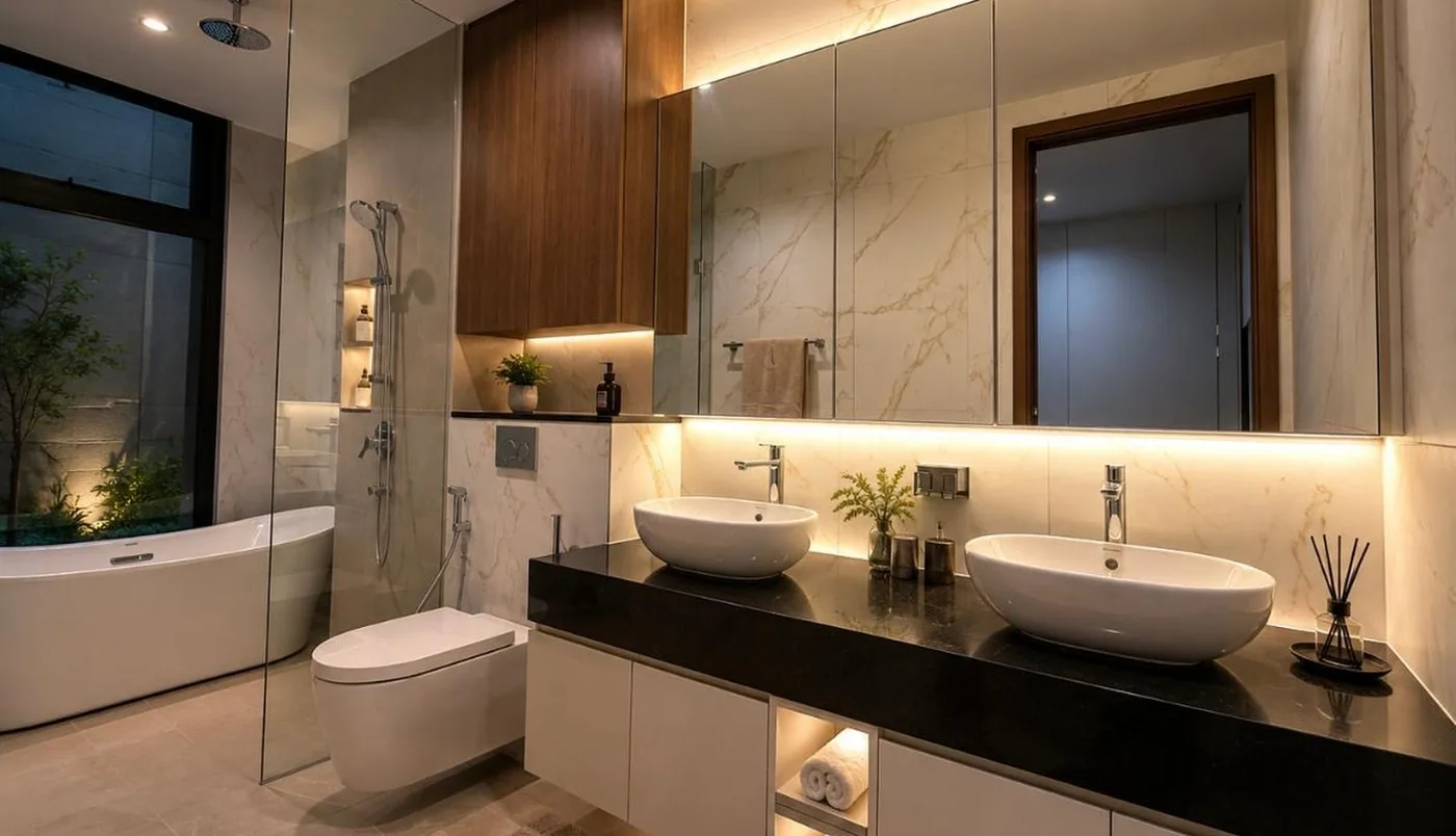 Bathroom suite with twin vessel basins, illuminated mirrors, stone-look surfaces and floating joinery